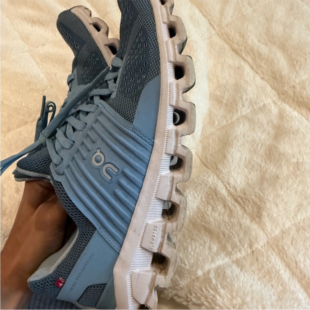 On Running Blue and Gray Athletic Shoes with Breathable Design